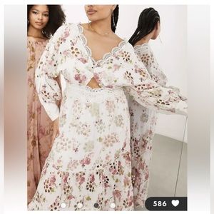 ASOS White Floral Eyelet Maxi Dress with Pink & Green Accents